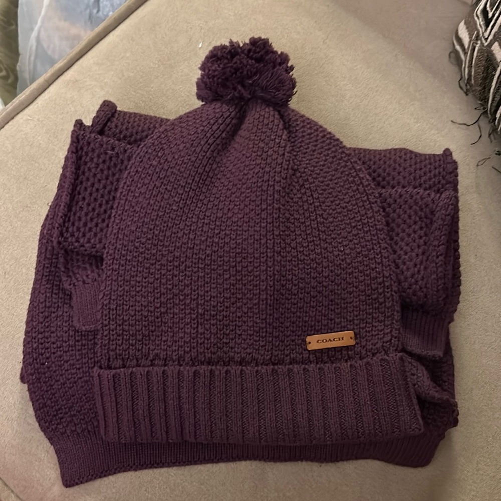Purple Coach Scarf and Hat with Pom Pom set